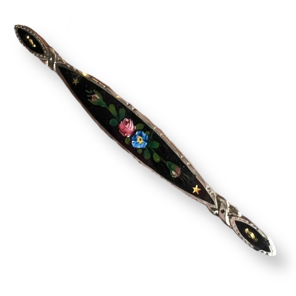 Antique VICTORIAN Sterling Silver black Hand-Painted Bar Pin Brooch floral